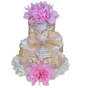 Baby Shower 2 Tier Baby Girl Diaper Cake New Mommy Baby Gift Pink & Gold
